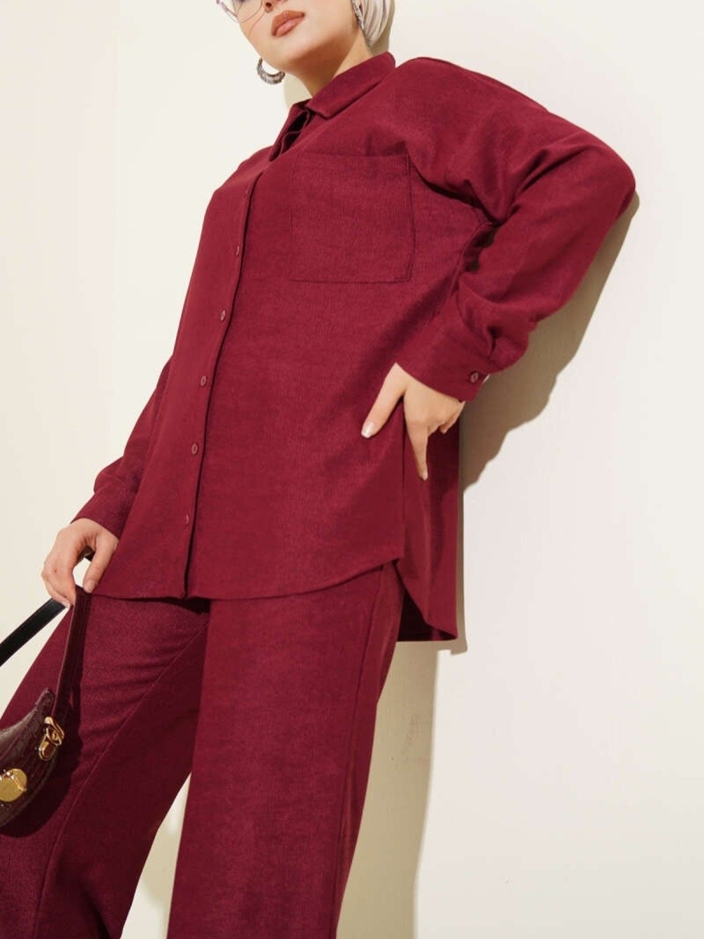 Two Piece Modest Burgundy Ribbed Pocket Shirt Set XXL - Picture 2 of 8